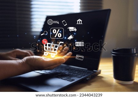 Man or customer add products to card while online store shopping. e-commerce marketing supplier offer discount and free shipping delivery to home. Marketplace platform and digital marketing concept Royalty-Free Stock Photo #2344043239