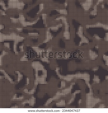 Digital military camouflage. Seamless camo pattern. Halftone dots background. Skin of a chameleon or snake. Dark brown color. Abstract texture for print on fabric, textile or paper. Vector Royalty-Free Stock Photo #2344047437
