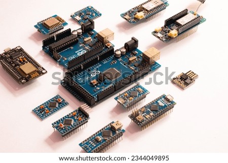 Different Types of Arduino Microcontroller Boards including Arduino UNO, Mega, Nano etc Royalty-Free Stock Photo #2344049895