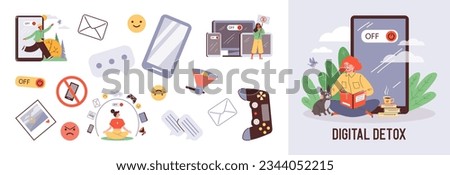 Digital detox day design elements set of cartoon characters and icons, flat vector illustration isolated on white background. Digital detox and internet addiction bundle. Royalty-Free Stock Photo #2344052215