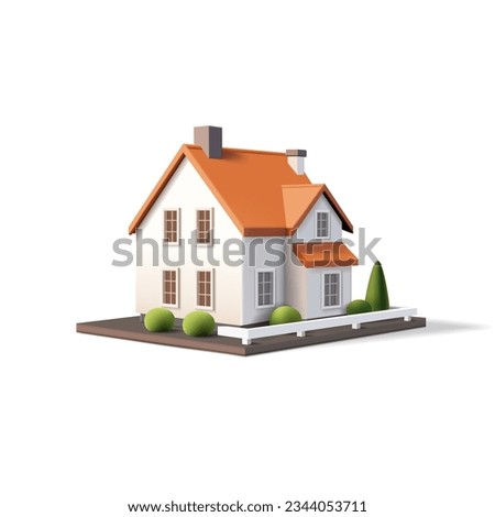 3d render vector illustration of house with red roof, white walls and yard with trees and white fence