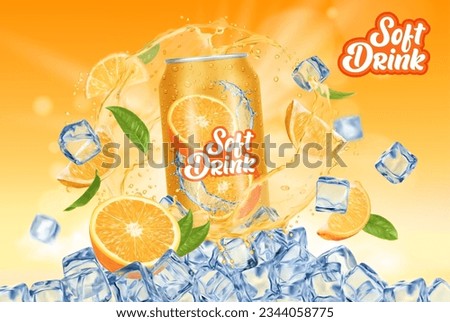 Orange drink can, juice splash and ice cubes, realistic vector background for lemonade. Orange drink or fruit soda beverage product ad template with juice can in spill wave and leaves flow explosion Royalty-Free Stock Photo #2344058775