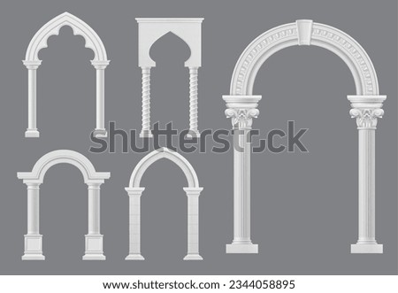 Castle and palace white marble arch, medieval archway or antique greek roman and arabian columns, vector architecture. Medieval arches on pillars, ancient stone entrance gates or marble archway Royalty-Free Stock Photo #2344058895
