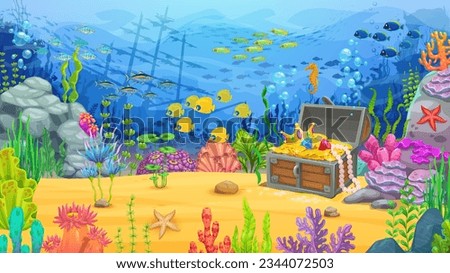 Game level underwater landscape. Cartoon treasure chest, fish shoal, seaweeds and sunken ship silhouette. Vector ocean world parallax background with shipwreck boat and pirate loot trunk on sea bottom Royalty-Free Stock Photo #2344072503