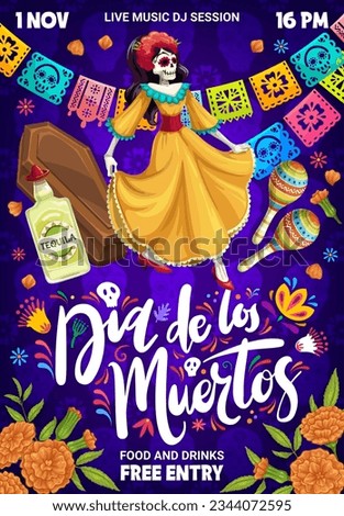 Mexican dead day party poster of flyer. Dia de los muertos holiday. Vector invitation card for party with Catrina, coffin, tequila, maracas, marigolds flowers, paper garland. Event celebration invite Royalty-Free Stock Photo #2344072595