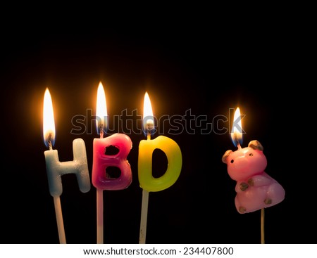 HBD, Happy birthday text with the Pig (one of the chinese zodiac animal) in lit candles
