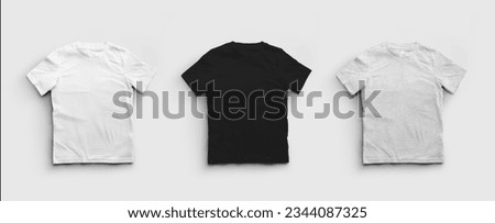 Mockup white, black, heather t-shirts, presentation of clothes for design, pattern, commerce, front view. A set of children's cotton shirts isolated on a background. Fashion apparel template for kid.