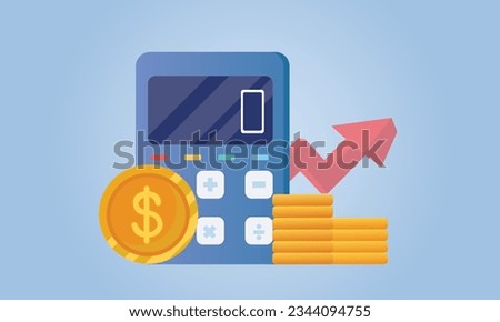 Financial icon concept. money management, financial planning, calculating financial risk, calculator with coins stack and graph.on blue background.Vector Design Illustration.