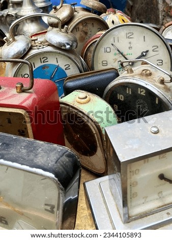 Pile of vintage clocks on sale in Chefchaouen, the blue city, Morocco. High quality photo