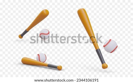 Baseball bat and stitched ball. Accessories for popular sports game. Realistic color isolated image. Set of detailed vector illustrations for web design