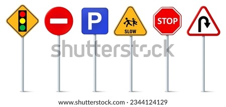 Set of road signs, Traffic signs. Signal ahead, No entry, Parking, School crossing, Stop and U turn ahead symbol.