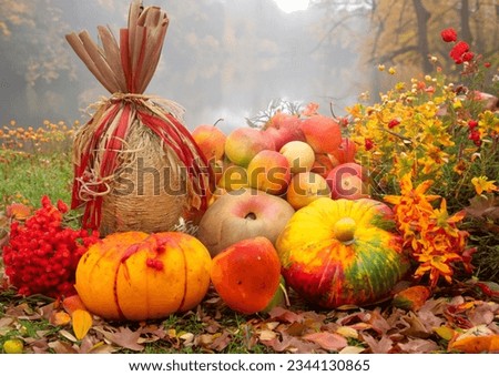 Autumn stuffs. Thanksgiving and pumpkin. Decoration of fall. 