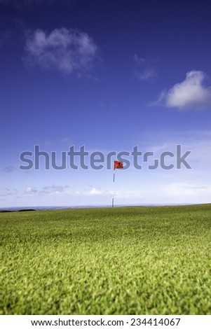 Single golf flag on the horizon on a beautiful day