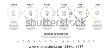 Thin line vector infographics with six circles and arrows. Timeline template with 6 steps for the app, business, website, interface, chart, levels, web, diagram, banner, presentations