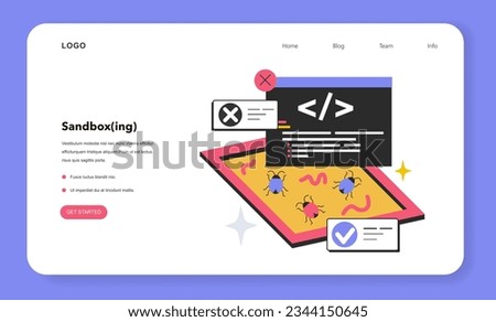 Sandboxing web banner or landing page. Security mechanism for isolation and separation of running programs. System failures and software vulnerabilities detection. Flat vector illustration Royalty-Free Stock Photo #2344150645