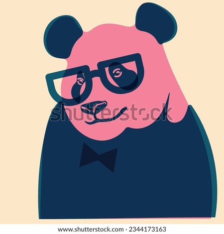 Panda in glasses. Avatar, badge, poster, logo templates, print. Vector illustration in a minimalist style  with Riso print effect. Flat cartoon style