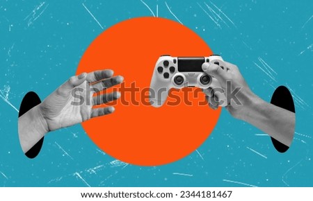 Art collage, the hand with the game joystick reaching for another hand on blue background. Concept of games and entertainment. Royalty-Free Stock Photo #2344181467