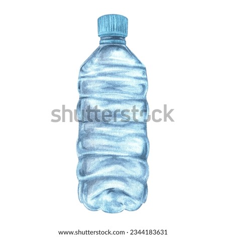 Blue plastic Water Bottle. Watercolour illustration of a transparent container for a drink. Hand drawn clip art on white isolated background. For sports marathon and fitness flyers