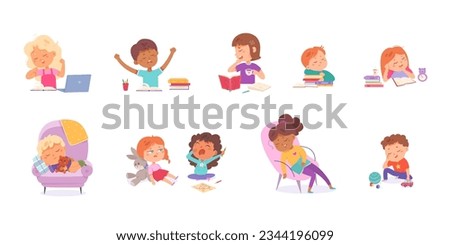 Tired kids after playing or studying set vector illustration. Cartoon isolated baby girls and boys study with laptop and book and yawn, funny tired children play with toys or sleep in home armchair