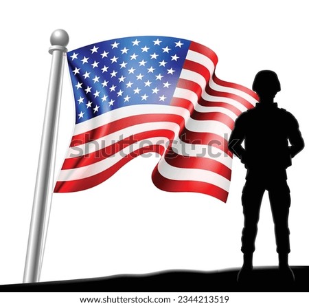 A patriotic soldier standing in front of an American flag background concept