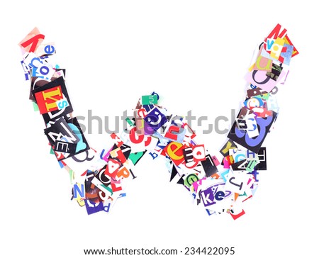 Letter W made of colorful newspaper letters isolated on white
