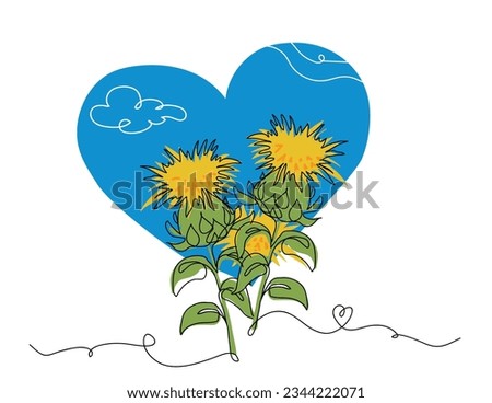 Safflower flower simple vector line art illustration. Ukrainian heart vector print in yellow and blue colors. One continuous line art drawing of safflower. Royalty-Free Stock Photo #2344222071