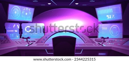 Spaceship cockpit inside and window cartoon vector background. Space ship cabin with futuristic panel and control station for astronaut or alien. Dashboard screen interface illustration in shuttle Royalty-Free Stock Photo #2344225315