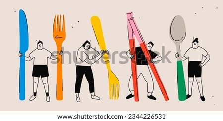 Tiny people with giant kitchen Utensils. Person holding fork, knife, spoon, chopsticks. Cute isolated characters. Cartoon style. Hand drawn Vector illustration. Food service, restaurant concept Royalty-Free Stock Photo #2344226531