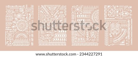 Aztec, African, Mayan ornaments set. Abstract geometric shapes and animals in boho style, ethnic pattern, tribal elements. Ancient Cherokee, Mexican tattoo, wall art. Flat graphic vector illustration.