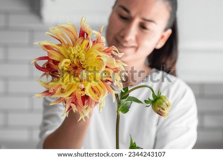 A woman holding a yellow and orange dahlia a light background.