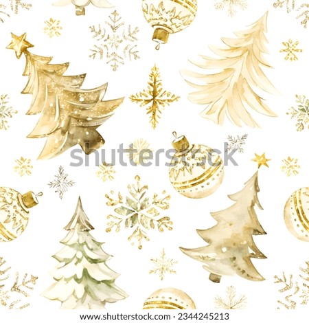 Watercolor hand drawn seamless pattern with shiny gold glitter Christmas tree, snowflakes and balls toy isolated on white background. New year wallpaper.