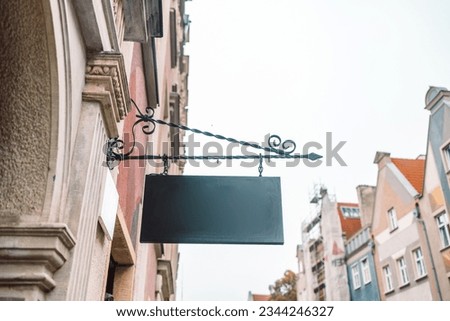 Blank store signage sign design mockup isolated, Clear shop template. Street hanging mounted on the wall. Signboard for logo presentation. Metal cafe restaurant bar plastic badge black white High
