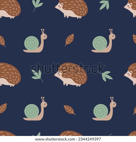 Fall seamless pattern with cute hedgehog, snail and autumn leaves. Woodland animals or forest theme wallpaper. Suitable for decorating kids' projects. Vector illustration on dark blue background. 