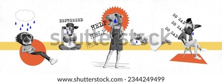 Photo cartoon comics sketch collage picture of animal head people feeling sad isolated white color background