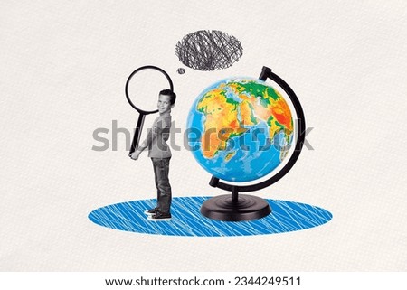 Collage portrait of happy funny mini black white effect boy hands hold big magnifier loupe planet earth world globe mind bubble
