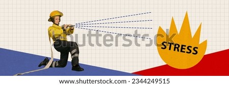 Exclusive magazine picture sketch collage image of firewoman putting out stress fire isolated creative background