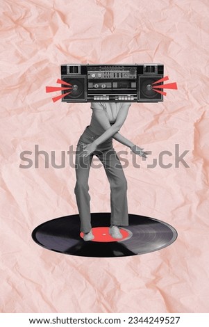 Photo collage picture design of funny young lady boogie woogie dance hip hop headless boombox player isolated over beige color background