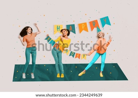 Composite collage image of three positive carefree girls enjoy dancing happy birthday flags party isolated on painted background