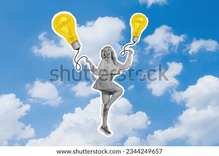 Photo picture 3d collage of happy charming girl clever student have brilliant idea hold two lamp bulbs isolated on blue sky background