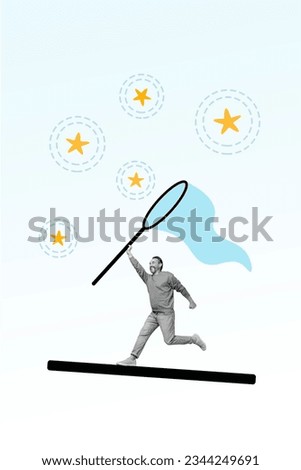 Vertical creative composite photo collage of excited man run on platform collect achievements in game isolated on blue color background