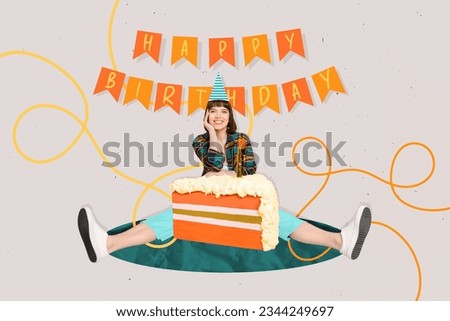 Artwork collage picture of cheerful girl cone hat happy birthday flags huge cake piece isolated on painted background