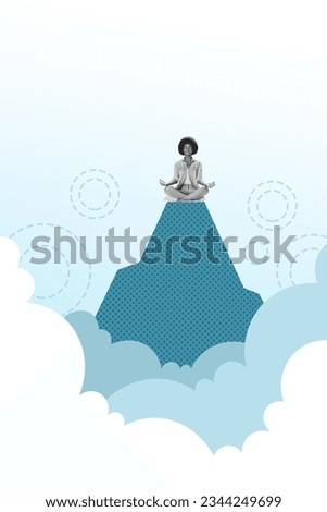 Vertical collage image of black white effect girl sit mountain top clouds meditate isolated on painted creative background