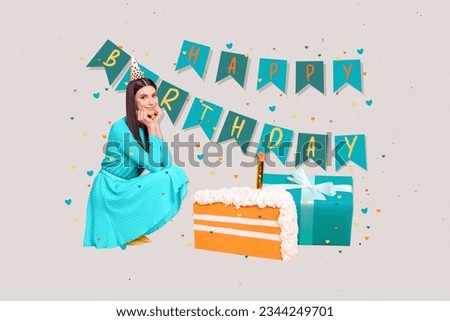 Creative collage portrait of positive pretty girl cone hat piece big cake happy birthday flags decor isolated on grey drawing background