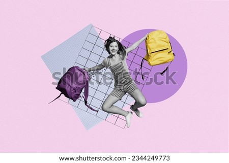 Collage graphics picture of carefree funny small schoolkid choosing new schoolbag isolated purple color background