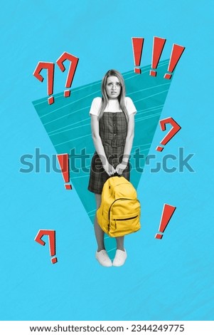 Advert poster banner collage of confused university student lady have many question where buy supply for school discount Royalty-Free Stock Photo #2344249775
