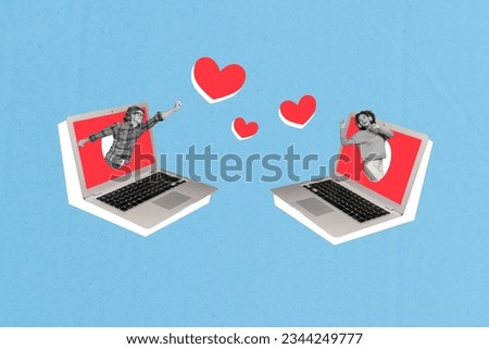 Artwork template 3d collage of two happy people on netbook monitor chatting social media romantic feelings isolated blue background