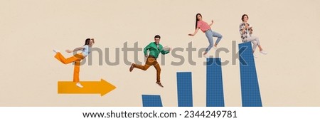 Exclusive magazine picture sketch collage image of purposeful coworkers achieving aim together isolated beige color background
