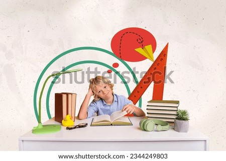 Banner collage 3d graphics sketch billboard of dreamy minded smart boy doing homework preparing exam seminar isolated on paper background