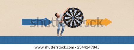 Photo collage artwork minimal picture of funny funky guy holding darts target isolated graphical background