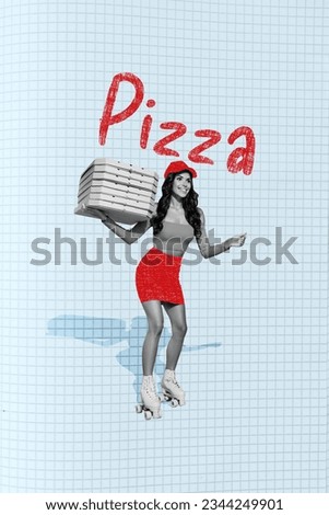 Full length body collage attractive cheery girl delivery pizza courier hold stack boxes ride roller skates isolated on plaid background